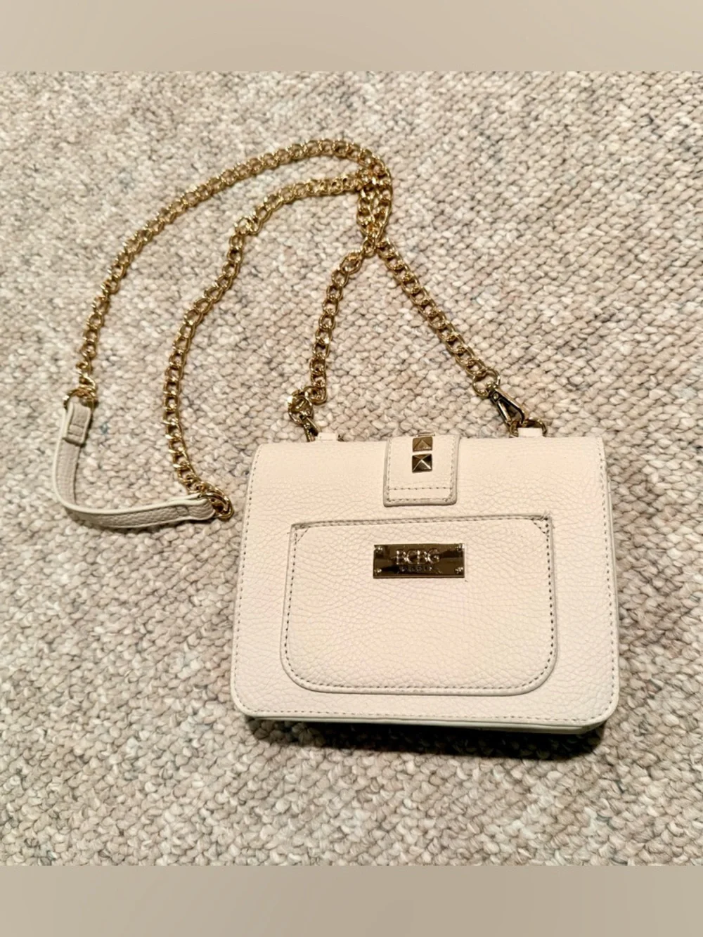 BCBG Paris Genuine leather Ivory Gold Studded Chain Mini Crossbody Bag